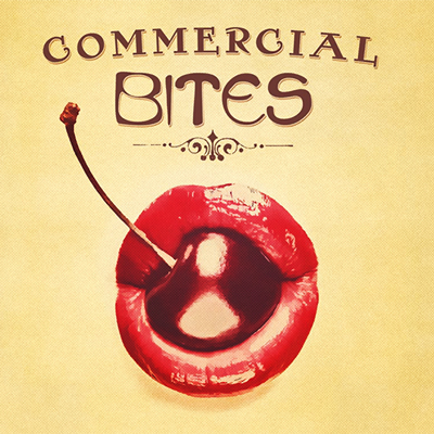 Commercial Bites album cover, big red saucy lips holding an even redder cherry