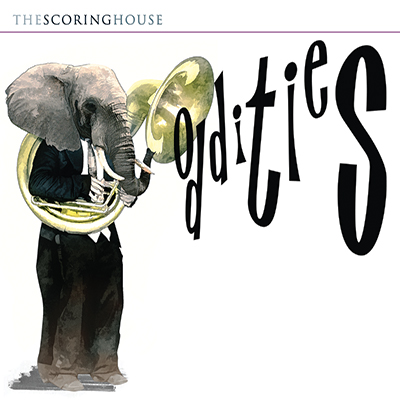 Oddities album cover, elephant in evening dress playing a tuba, oddities title springing from the tuba's horn